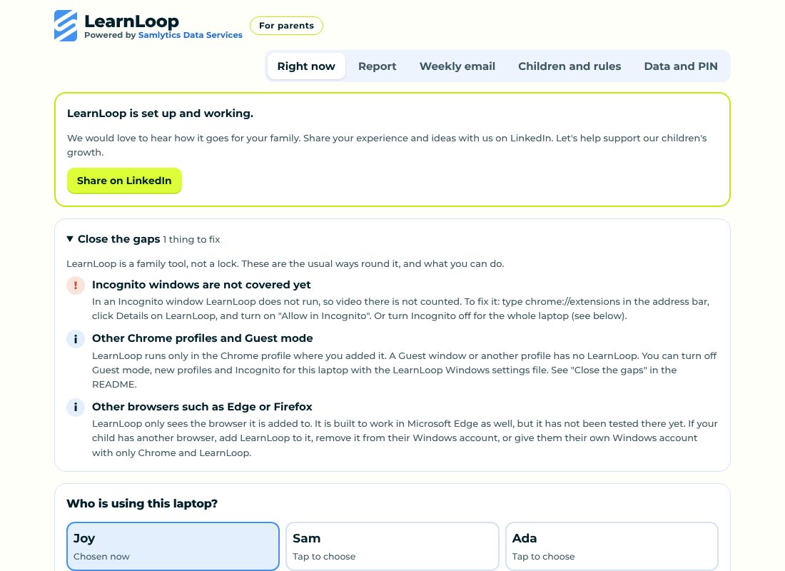 The Close the gaps panel listing Incognito, other profiles and other browsers