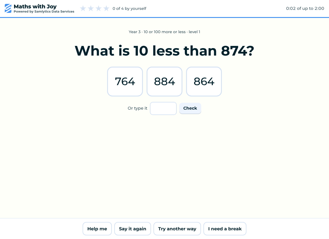A LearnLoop learning screen with a Maths question, big answer buttons and Help me, Say it again, Try another way and I need a break